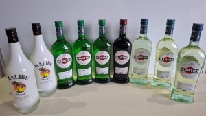 9 X BRAND NEW MIXED ALOCHOL LOT CONTAINING 7 MARTINI IN EXTRA DRY , ROSSO AND BIANCO 750ML , 2 MALIBU ORIGINAL WHITE RUM 1L