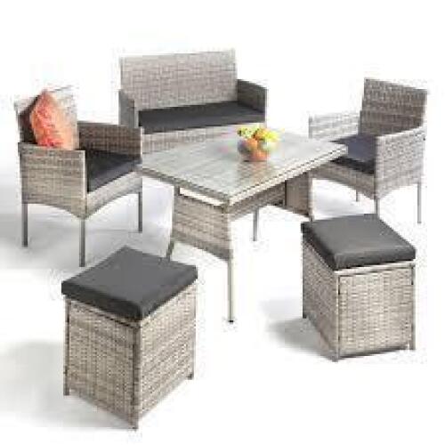 1 X STUDIO FIJI DINING SET IN GREY TO INCLUDE 1 LOVESEAT , 2 ARM CHAIRS , 2 FOOT STOOLS , AND 1 GLASS TOP TABLE - COMES IN ONE BOX AND PRE - BUILT TABLE