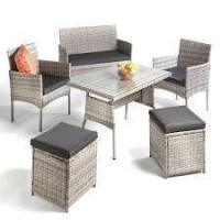 1 X STUDIO FIJI DINING SET IN GREY TO INCLUDE 1 LOVESEAT , 2 ARM CHAIRS , 2 FOOT STOOLS , AND 1 GLASS TOP TABLE - COMES IN ONE BOX AND PRE - BUILT TABLE