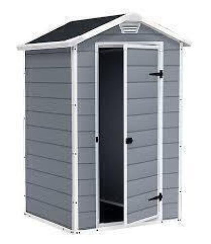 2 X MIXED LOT CONTAINING 1 KETER 4 X 3 SHED IN BLACK / GREY AND 1 KETER OUTDOOR STORAGE BOX IN GREY 277 LITRES - (NOTE CUSTOMER RETURNS DAMAGED BOX UNKNOWN CONDITION)