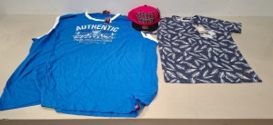 30 X BRAND NEW MIXED CLOTHING LOT TO CONTAIN BRAVE SOUL SHIRT IN NAVY IN SIZE S , BRAVE SOULS SHIRT IN BLUE IN SIZE S , PALM TREE SHORTS IN MULTI IN SIZE 2-3 IN 2 TRAYS