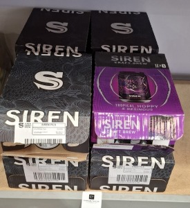 96 X BRAND NEW MIXED CRAFT SIREN BREW LOT CONTAINING 74 SIREN PILS GLUTEN FREE MODERN LAGER 4.8% AND 12 SIREN SOUNDWAVE IPA 5.6% IN 8 BOXES