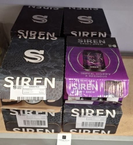 96 X BRAND NEW MIXED CRAFT SIREN BREW LOT CONTAINING 74 SIREN PILS GLUTEN FREE MODERN LAGER 4.8% AND 12 SIREN SOUNDWAVE IPA 5.6% IN 8 BOXES