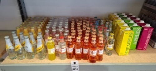 120 X BRAND NEW MIXED DRINKS LOT CONTAINING EAGER PINEAPPLES , APPLES ,CRANBERRIES JUICES , SCHWEPPES SODA WATER , THE LONDON ESSENCE TONIC WATERS IN WHITE PEACH & JASMINE , POMELO & PINK PEPPER , SPICED GINGER BEER , ROASTED PINEAPPLE ECT