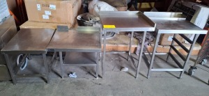 5 X MIXED LOT CONTAINING 4 STAINLESS STEEL PREP TABLES AND ONE STAINLESS STEEL STORAGE TROLLEY