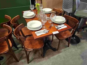 1 X MIXED DINING LOT TO INCLUDE 1 X WOODEN TABLE 4 X WOODEN CHAIRS - 4 X PLATES - 4 X BOWLS - 4 X WINE GLASSES - 3X VASES - CUTLERY ETC