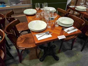 1 X MIXED DINING LOT TO INCLUDE 1 X WOODEN TABLE 4 X WOODEN CHAIRS - 4 X PLATES - 4 X BOWLS - 4 X WINE GLASSES - 2X VASES - CUTLERY ETC