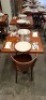 2 X MIXED DINING LOT TO INCLUDE 2 X WOODEN TABLE 4 X WOODEN CHAIRS - 4 X BOWLS - - 4 X WINE GLASSES - 4 X GLASSES - 4 X VASES - CUTLERY ETC