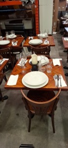 2 X MIXED DINING LOT TO INCLUDE 2 X WOODEN TABLE 4 X WOODEN CHAIRS -4 X PLATES - 4 X BOWLS - 4 X WINE GLASSES - 4 X GLASSES - 4 X VASES - CUTLERY - CANDLE ETC