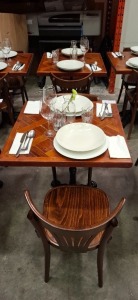 2 X MIXED DINING LOT TO INCLUDE 2 X WOODEN TABLE 4 X WOODEN CHAIRS -2 X PLATES - 6 X BOWLS - 4 X WINE GLASSES - 4 X GLASSES - 4 X VASES - CUTLERY - ETC
