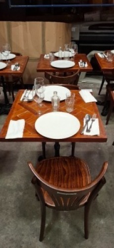 2 X MIXED DINING LOT TO INCLUDE 2 X WOODEN TABLE 4 X WOODEN CHAIRS - 4 X PLATES - 4 X WINE GLASSES - 2 X GLASSES - 4 X VASES - CUTLERY - ETC