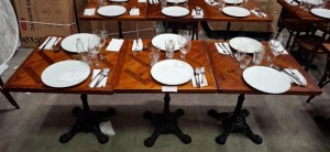 3 X MIXED DINING LOT TO INCLUDE 3 X WOODEN TABLE- 6 X PLATES - 6 X WINE GLASSES - 6 X GLASSES - 3 X VASES - CUTLERY - 1 X WOODEN CHAIR ETC
