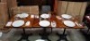 3 X MIXED DINING LOT TO INCLUDE 3 X WOODEN TABLE- 6 X PLATES - 6 X WINE GLASSES - 6 X GLASSES - 3 X VASES - CUTLERY - ETC