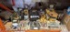 HALF A BAY OF MIXED BUILDERS TOOLS LOT CONTAINING BRICK TROWELS , 45 - DEGREE STAINLESS STEEL ELBOW PIPE , SOLAR LIGHT, HOLESAW SET BAG OF VARIOUS TOOLS ETC ON HALF A BAY