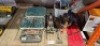 HALF A BAY OF MIXED BUILDERS TOOLS LOT CONTAINING HILKA 2.5 TONNE JACK ON WHEELS - MAKITA INCOMPLETE SOCKET SET - VARIOUS TOOLS - HALFORDS POLISHER - ETC
