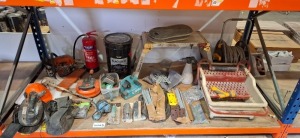 FULL BAY OF MIXED BUILDERS TOOLS LOT CONTAINING STIHL CHAINSAW SPARES - POWER MIXER - FIRE EXTINGUISHER - HOSE AND REEL - BOSCH DRILL BITS - PLASTERING TOOLS - ETC