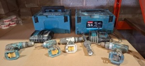 8 X PIECE MIXED TOO LOT TO INCLUDE 3 X MAKITA COMBI DRILLS - 1 X MAKITA DRILL - 1 X MAKITA BATTERY CHARGER - 2 X CARRY CASES