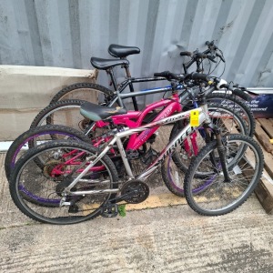 TRADE LOT OF 9 X BIKES / SCOOTER IE. 1 X SARCEN RUFTRAX 2 BIKE IN GREY/RED/BLACK, 1 X DUNLOP SPORT BIKE IN PINK AND PURPLE , 1 X CHALLENGE CONQUER BIKE IN GREY/BLUE AND WHITE AND 1 X BRANDLESS BIKE IN BLACK, 1 X AERO SCOOTER IN GREY AND BLACK, 1 X STOWBIK