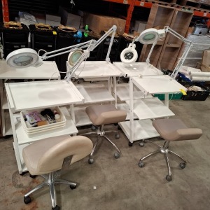 8 X MIXED LOT CONTAINING 5 METAL ON WHEELS TABLES WITH LED MAGNIFYING ATTACHMENTS AND 3 SPINNING STOOLS