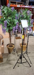 6 X PIECE MIXED LOT CONTAINING 2 LARGE ARTIFICIAL PLANTS , 1 TRIPOD , 1 RING LIGHT WITH PHONE HOLDER , 1 NEEWER LED VIDEO LIGHT