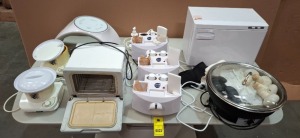 9 X PIECE MIXED SALON EQUIPMENT LOT CONTAINING 3 X PHD SAFEWAX GENERATION HEATERS DESIGNED FOR HYGIENIC HAIR REMOVAL , 1 X ONESIEN LED BIO LIGHT THERAPY FACIAL SKIN CARE MACHINE , 2 X OUTBACK ORGANICS WAX HEATERS , 1 X TOWEL WARMER ETC