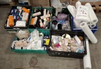 LARGE AMOUNT OF MIX BEAUTY SALON EQUIPMENT LOT CONTAINING HAIR STRAIGHTENERS , EVO HUE - VERSE PERMANENT PROFESSIONAL HAIR COLOUR , WELLA PROFESSIONALS CREATINE + STRAIGHT FOR PERMANENT HAIR STRAIGHTENING , HAIR DYE MIXING BOWLS , ETC OVER 6 TRAYS