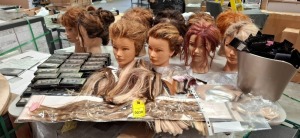 MIXED HAIR AND BEAUTY LOT CONTAINING SAMPLE RING HAIR EXTENSIONS , BEAUTY WORKS HAIR TRAINING HEADS , HAIR DYE COLOURING BRUSHES , BOXES OF FALSE EYELASHES