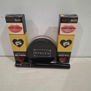 24 X BRAND NEW MIXED MAKEUP LOT CONTAINING VINTIGE PRETTY IN RUBY SLIPPERS , CONTOUR IN CREAM , EVELYN BRONZER IN PINK AND BROWN , FACE POWDER IN VARIOUS COLOURS COOL NATURAL AND WARM YELLOW , EVELYN LOOSE POWDER IN WARM YELLOW ETC