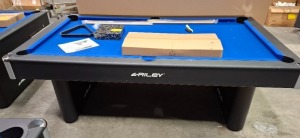 1 X PRE - BUILT RILEY 7 FOOT POOL TABLE WITH ALL ACCESSORIES (NOTE SOME DAMAGE TO SIDE PANELS BUT STILL FULLY FUNCTIONAL )