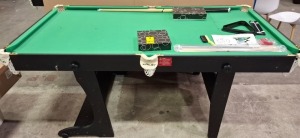 1 X PRE-BUILT 6 FOOT RILEY FOLDING SNOOKER TABLE WITH ALL ACCESSORIES (NOTE SOME DAMAGE TO SIDE PANELS BUT STILL FULLY FUNCTIONAL )
