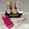 30 X BRAND NEW PAIRS OF MIXED MISSGUIDED SHOES CONTAINING MID ILLUSION HEEL CLEAR SANDALS IN CLEAR , HIGH HEEL BLOCK BARELY THERE SANDALS IN SAND , SATIN BARELY THERE HIGH HEEL IN LIME , PERSPEX COURT SHOE IN CLEAR ETC ALL IN SIZE 4
