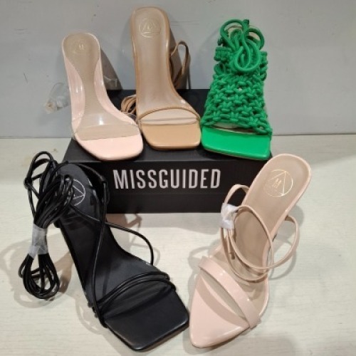 30 X BRAND NEW PAIRS OF MIXED MISSGUIDED SHOES CONTAINING MID ILLUSION HEEL CLEAR SANDALS IN CLEAR , PERSPEX SQUARE TOE WEDGE HEEL IN NUDE , SQUARE TOE HIGH HEEL TIE UP SANDALS , BLOCK HEEL TIE UP HEELED SANDALS IN BLACK ETC ALL IN SIZE 4