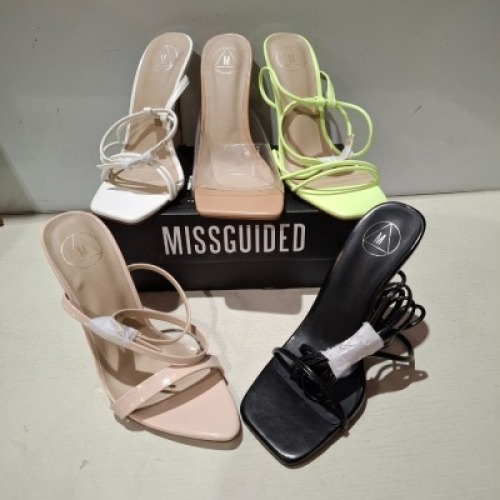 30 X BRAND NEW PAIRS OF MIXED MISSGUIDED SHOES CONTAINING POINTED TOE PATENT BARELY THERE IN NUDE , ASSYM STRAPPY HIGH SANDALS IN WHITE , SQUARE TOE PERSPEX HIGH MULES IN SAND ETC ALL IN SIZE 4