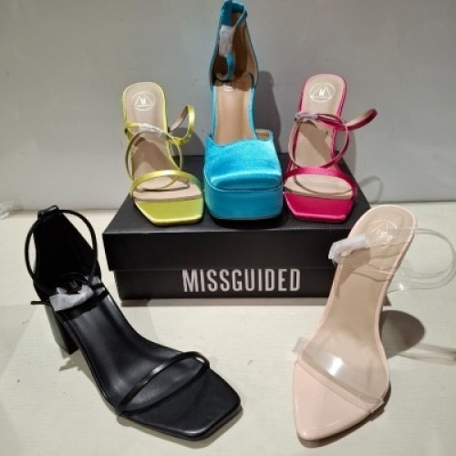 30 X BRAND NEW PAIRS OF MIXED MISSGUIDED SHOES CONTAINING HEEL BLOCK BARELY THERE FAUX LEATHER IN BLACK , SQUARE HIGH HEEL TIE UP SANDALS IN BLACK , EXTREME PLATFORM SATIN HEELED SHOE IN BLUE , BARELY THERE SQUARE TOE HIGH HEELS IN BLACK ETC ALL IN SIZE