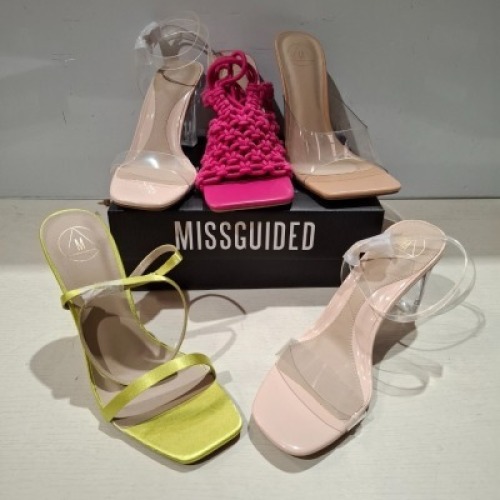 30 X BRAND NEW PAIRS OF MIXED MISSGUIDED SHOES CONTAINING MID CLEAR HEEL BLOCK HEEL IN NUDE , POINTED TOE PATENT BARELY THERE IN NUDE , SQUARE TOE PERSPEX HIGH MULES IN SAND , CROCHET TIE UP HEELED SANDAL IN HOT PINK ETC ALL IN SIZE 5