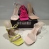 30 X BRAND NEW PAIRS OF MIXED MISSGUIDED SHOES CONTAINING MID CLEAR HEEL BLOCK HEEL IN NUDE , POINTED TOE PATENT BARELY THERE IN NUDE , SQUARE TOE PERSPEX HIGH MULES IN SAND , CROCHET TIE UP HEELED SANDAL IN HOT PINK ETC ALL IN SIZE 5