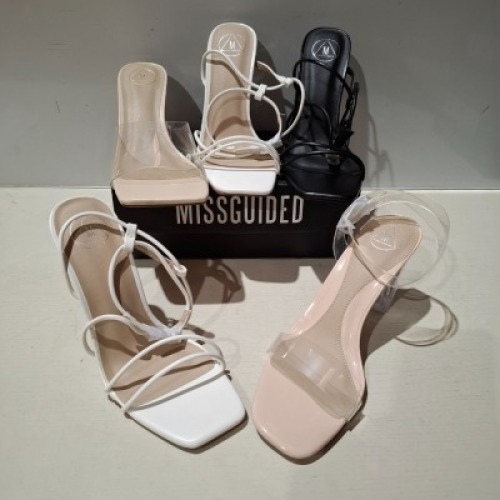 30 X BRAND NEW PAIRS OF MIXED MISSGUIDED SHOES CONTAINING ASSYM STRAPPY HIGH HEEL SANDALS IN WHITE , MID CLEAR HEEL BLOCK IN NUDE ETC ALL IN SIZE 6