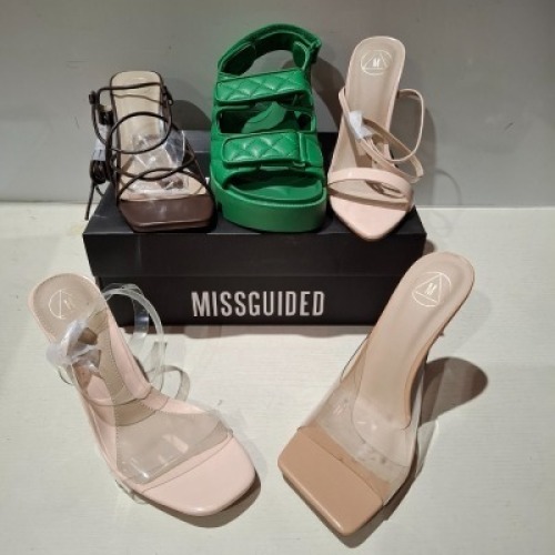 30 X BRAND NEW PAIRS OF MIXED MISSGUIDED SHOES CONTAINING MID CLEAR HEEL BLOCK HEEL IN NUDE , POINTED TOE PATENT BARELY THERE IN NUDE , SQUARE TOE PERSPEX HIGH MULES IN SAND , CROCHET TIE UP HEELED SANDAL IN HOT PINK ETC ALL IN SIZE 5