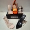 30 X BRAND NEW PAIRS OF MIXED MISSGUIDED SHOES CONTAINING EXTREME PLATFORM SATIN HEELED SANDAL IN ORANGE , FAUX LEATHER FLATFORM TRAINER IN WHITE , MID ILLUSION HEEL CLEAR SANDALS IN CLEAR ETC ALL IN SIZE 6