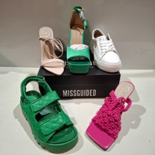 30 X BRAND NEW PAIRS OF MIXED MISSGUIDED SHOES CONTAINING EXTREME PLATFORM SATIN HEELED SANDAL IN GREEN , CROCHET TIE UP HEELED SANDALS IN HOT PINK , MID CLEAR HEEL BLOCK IN NUDE ETC ALL IN SIZE 6