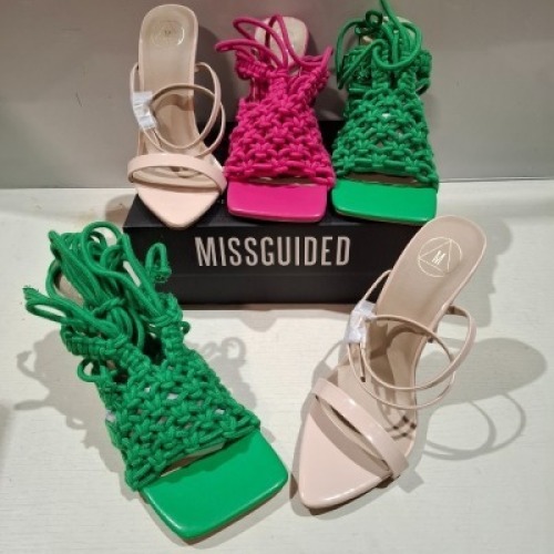 30 X BRAND NEW PAIRS OF MIXED MISSGUIDED SHOES CONTAINING POINTED TOE PATENT BARELY THERE IN NUDE , CROCHET TIE UP HEELED SANDALS IN GREEN ETC ALL IN SIZE 6