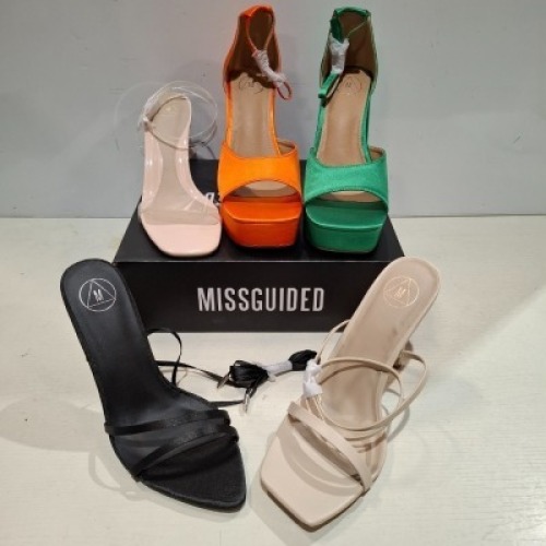30 X BRAND NEW PAIRS OF MIXED MISSGUIDED SHOES CONTAINING MID ILLUSION HEEL CLEAR SANDALS IN CLEAR , WF SATIN POINTED LACE UP BARELY THERE IN BLACK , ETC ALL IN SIZE 8