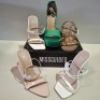 30 X BRAND NEW PAIRS OF MIXED MISSGUIDED SHOES CONTAINING WF BARELY THERE SQUARE TOE HIGH HEELS IN WHITE , DOME STUD GLADIATOR SANDAL IN TAUPE , WF BARELY THERE SQUARE TOE HIGH HEEL IN NUDE ETC ALL IN SIZE 3
