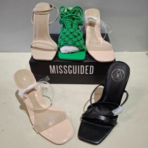 30 X BRAND NEW PAIRS OF MIXED MISSGUIDED SHOES CONTAINING EXTREME PLATFORM SATIN HEELED SANDAL IN GREEN , WF BARELY THERE SQUARE TOE HIGH HEELS IN NUDE , BASIC BARELY THERE IN BLACK ETC ALL IN SIZE 3