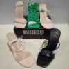 30 X BRAND NEW PAIRS OF MIXED MISSGUIDED SHOES CONTAINING EXTREME PLATFORM SATIN HEELED SANDAL IN GREEN , WF BARELY THERE SQUARE TOE HIGH HEELS IN NUDE , BASIC BARELY THERE IN BLACK ETC ALL IN SIZE 3