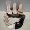30 X BRAND NEW PAIRS OF MIXED MISSGUIDED SHOES CONTAINING WF BARELY THERE SQUARE TOE HIGH HEELS IN WHITE , ASSYM STRAPPY HIGH HEEL SANDALS IN WHITE , BASIC BARELY THERE IN BLACK ETC ALL IN SIZE 4