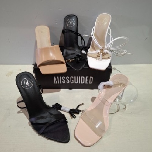 30 X BRAND NEW PAIRS OF MIXED MISSGUIDED SHOES CONTAINING SQUARE TOE BLOCK HEEL MULE SANDALS IN WHITE , WF SATIN POINTED LACE UP BARELY THERE IN BLACK ETC ALL IN SIZE 4