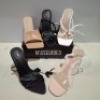 30 X BRAND NEW PAIRS OF MIXED MISSGUIDED SHOES CONTAINING SQUARE TOE BLOCK HEEL MULE SANDALS IN WHITE , WF SATIN POINTED LACE UP BARELY THERE IN BLACK ETC ALL IN SIZE 4