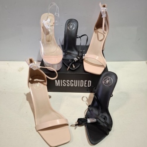 30 X BRAND NEW PAIRS OF MIXED MISSGUIDED SHOES CONTAINING SQUARE TOE BLOCK HEEL MULE SANDALS IN SAND , MID ILLUSION HEEL CLEAR SANDALS IN CLEAR , WF SATIN POINTED LACE UP BARELY THERE IN BLACK ETC ALL IN SIZE 5