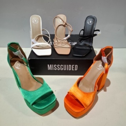 30 X BRAND NEW PAIRS OF MIXED MISSGUIDED SHOES CONTAINING SQUARE TOE PERSPEX HIGH HEEL MULES IN SAND , ASSYM STRAPPY HEELED SANDAL IN LIME , EXTREME PLATFORM SATIN HEELED SANDALS IN GREEN ETC ALL IN SIZE 5